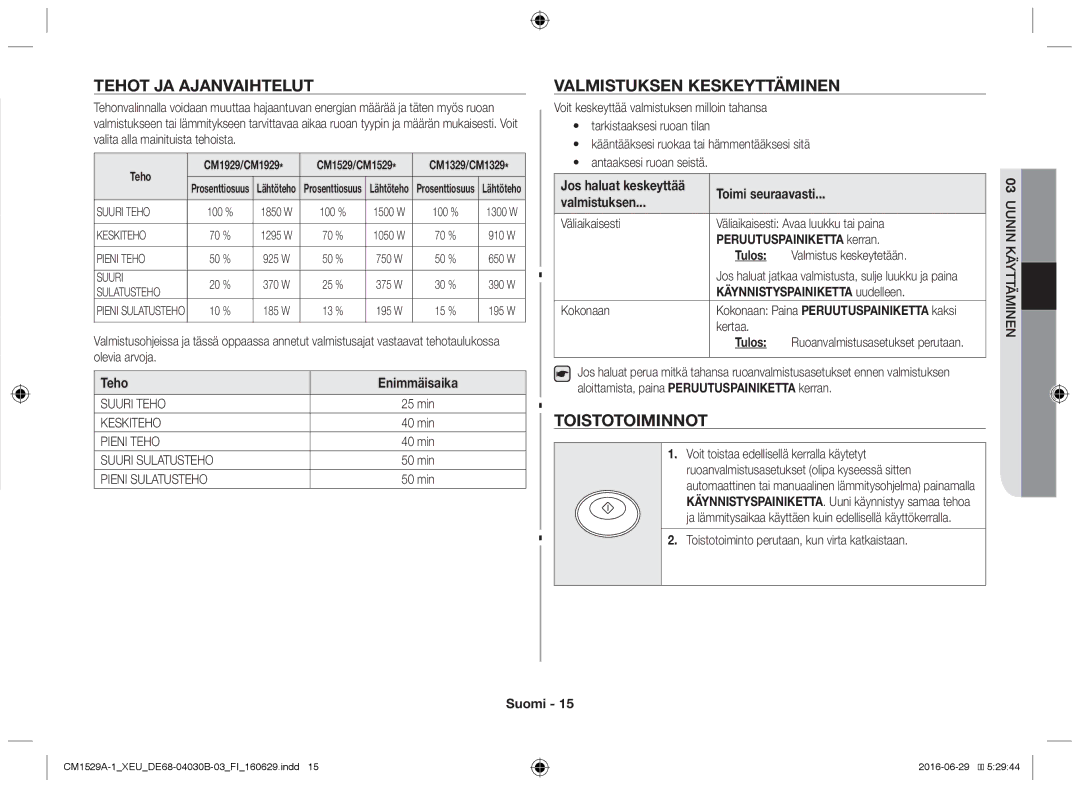 Samsung CM1529A-1/XEU, CM1329A/XEU, CM1929/XEF manual Tehot ja ajanvaihtelut, Valmistuksen keskeyttäminen, Toistotoiminnot 