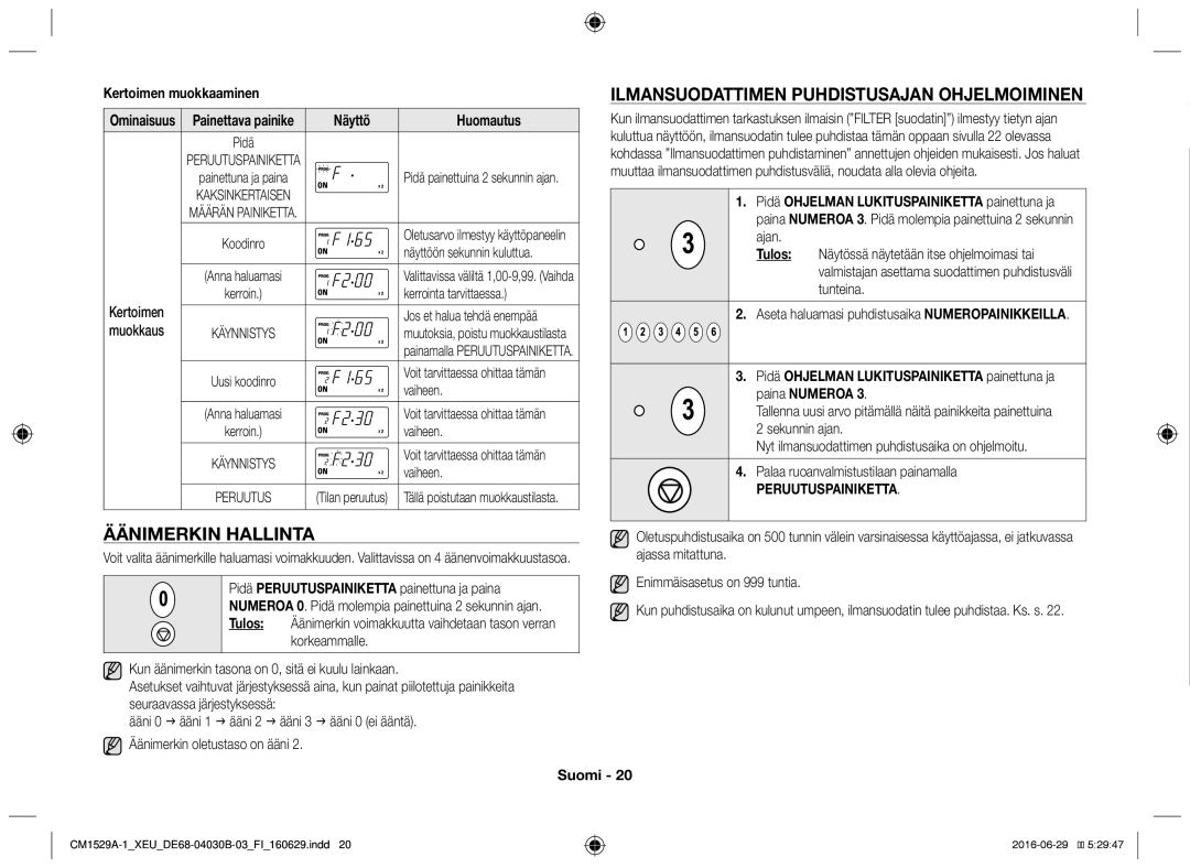 Samsung CM1529A-1/XEU, CM1329A/XEU Äänimerkin hallinta, Ilmansuodattimen puhdistusajan ohjelmoiminen, Peruutuspainiketta 