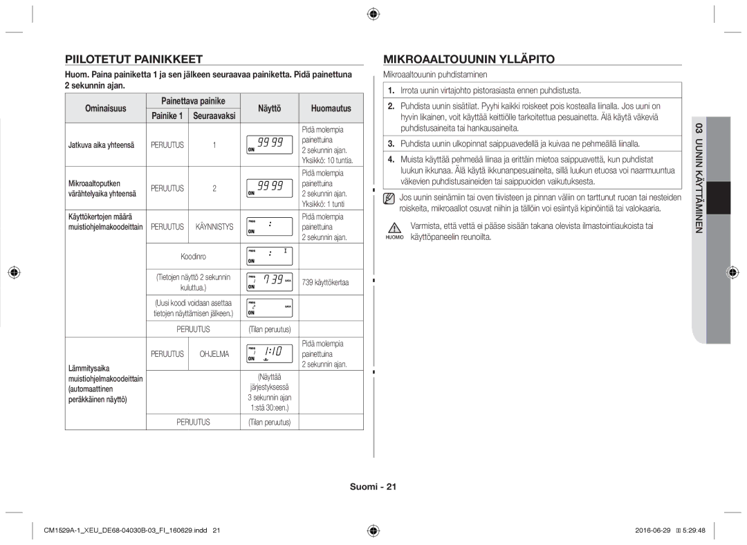 Samsung CM1929/XEF, CM1329A/XEU, CM1529A-1/XEU, CM1929A/XEU, CM1929/XET manual Piilotetut painikkeet, Mikroaaltouunin ylläpito 