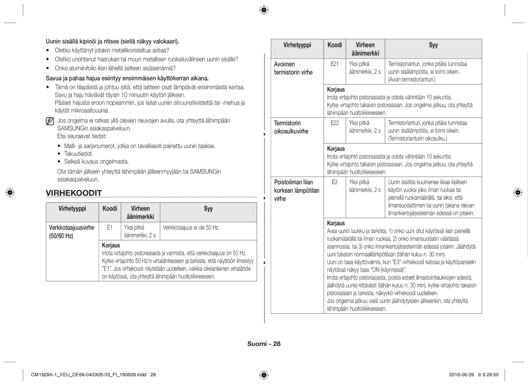 Samsung CM1929/XET, CM1329A/XEU, CM1529A-1/XEU, CM1929/XEF, CM1929A/XEU manual Virhekoodit 