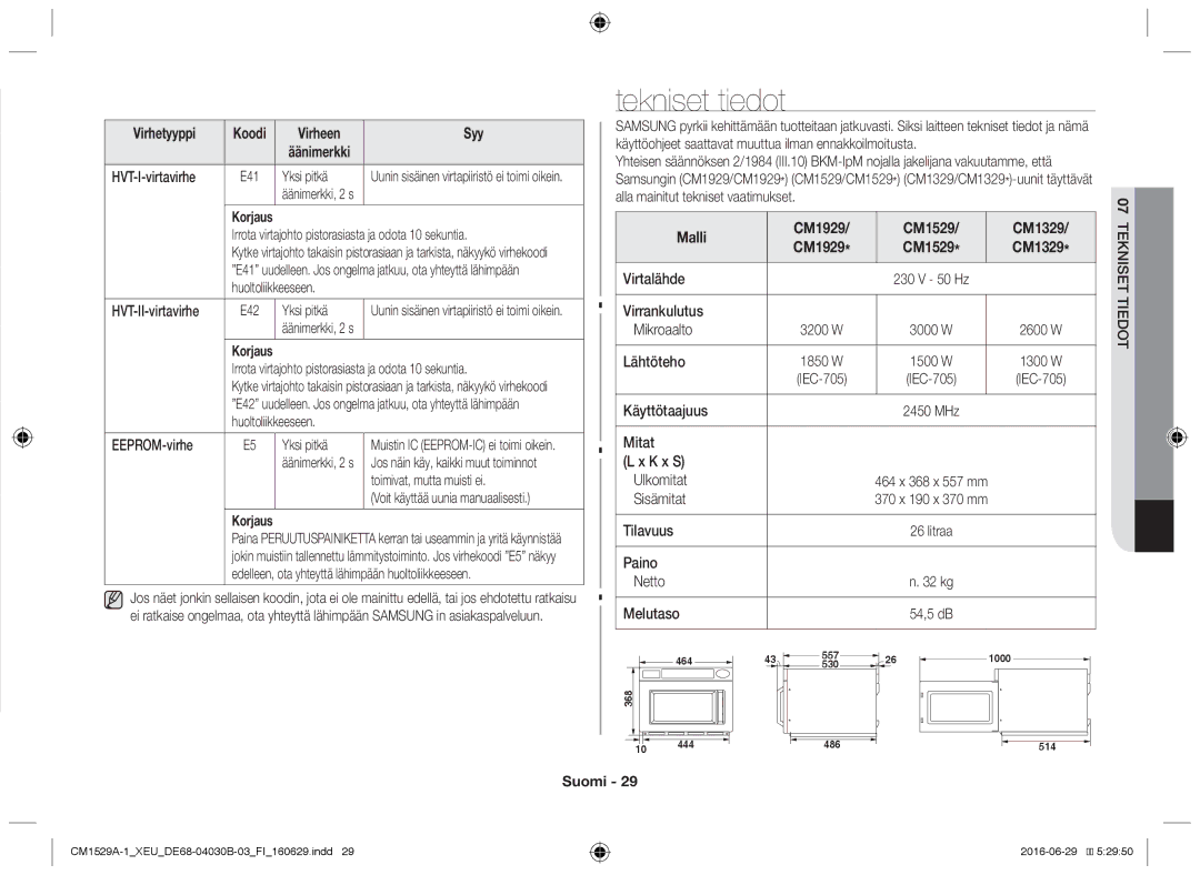 Samsung CM1329A/XEU, CM1529A-1/XEU, CM1929/XEF, CM1929A/XEU, CM1929/XET manual Tekniset tiedot, Malli CM1929 CM1529 CM1329 