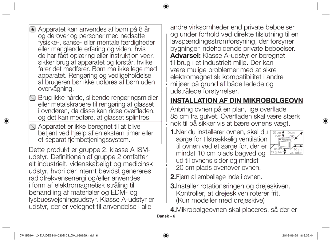 Samsung CM1929/XET, CM1329A/XEU, CM1529A-1/XEU, CM1929/XEF, CM1929A/XEU manual Installation af din mikrobølgeovn 