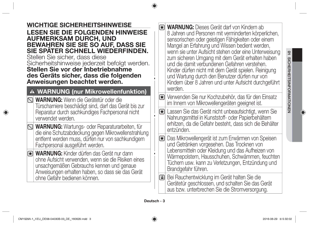 Samsung CM1929A/XEU, CM1329A/XEU, CM1529A-1/XEU, CM1929/XEF manual Warnung nur Mikrowellenfunktion, Mationfor eitsin erh Sich 