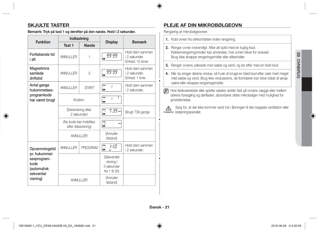 Samsung CM1929/XET, CM1329A/XEU, CM1529A-1/XEU, CM1929/XEF Pleje af din mikrobølgeovn, Display Bemærk, Annuller Program 