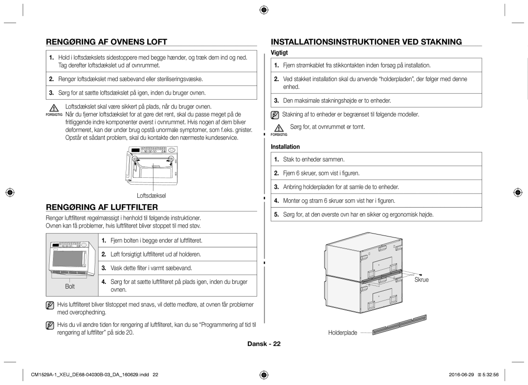 Samsung CM1329A/XEU Rengøring af ovnens loft, Rengøring af luftfilter, Installationsinstruktioner ved stakning, Vigtigt 