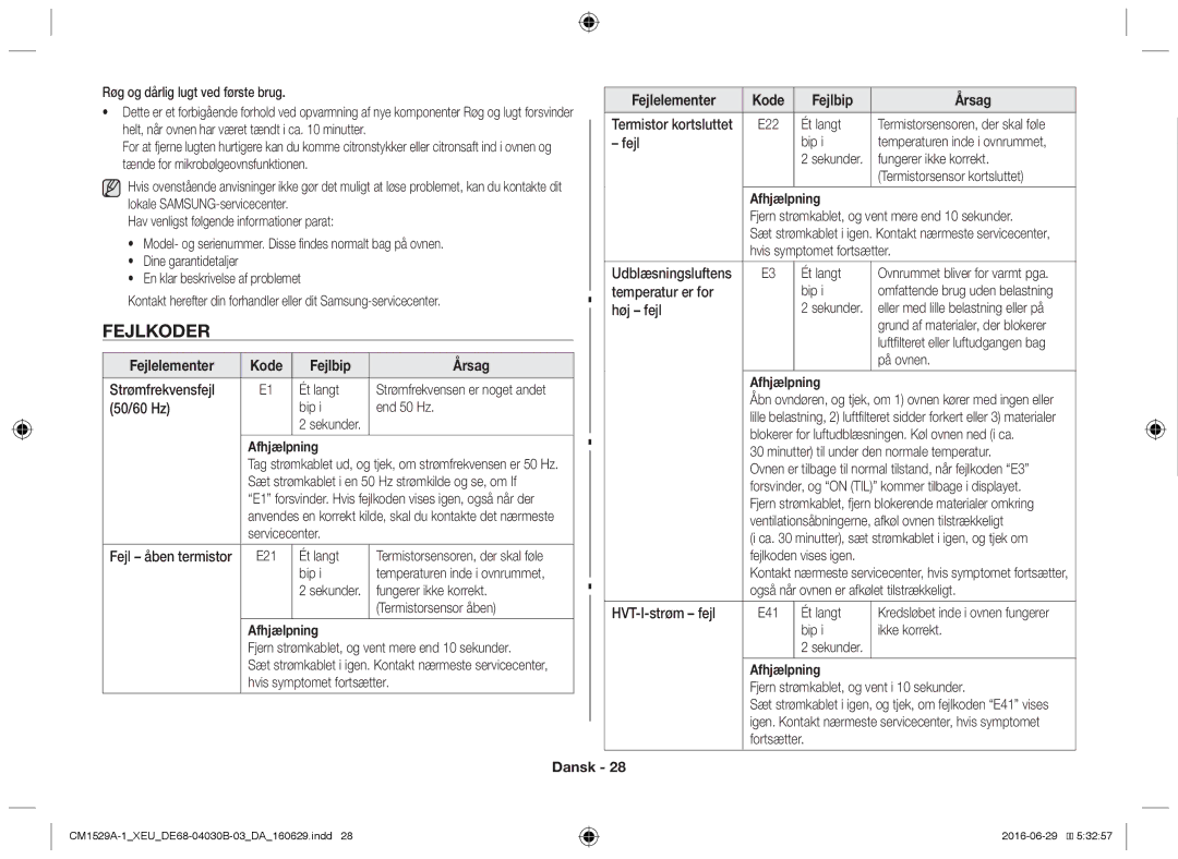 Samsung CM1529A-1/XEU, CM1329A/XEU, CM1929/XEF, CM1929A/XEU manual Fejlkoder, Fejlelementer Kode Fejlbip Årsag, Afhjælpning 