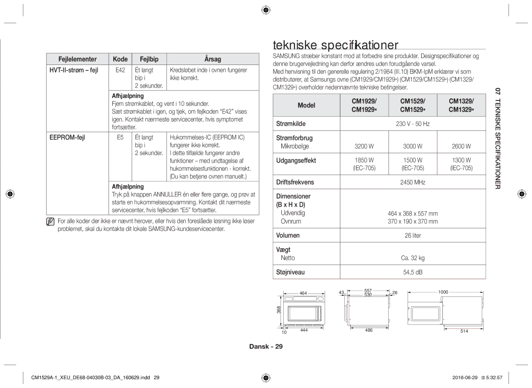 Samsung CM1929/XEF, CM1329A/XEU, CM1529A-1/XEU, CM1929A/XEU, CM1929/XET manual Tekniske specifikationer 