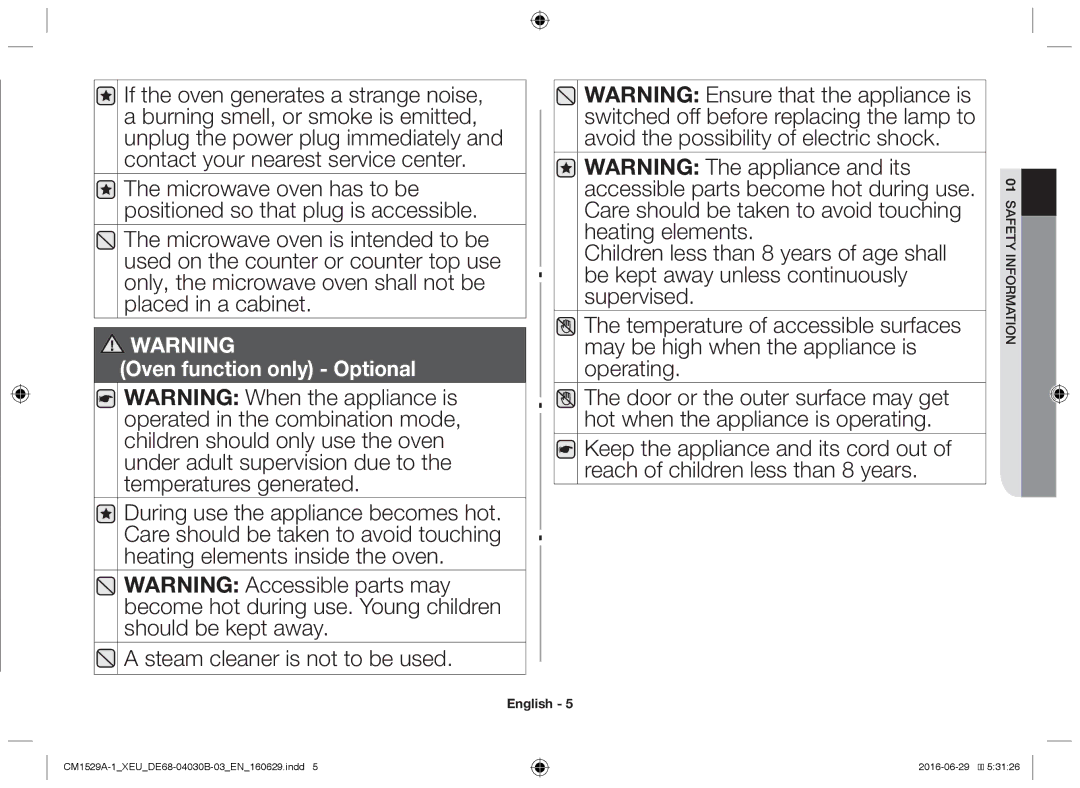 Samsung CM1329A/XEU, CM1529A-1/XEU, CM1929/XEF, CM1929A/XEU, CM1929/XET manual Oven function only Optional 