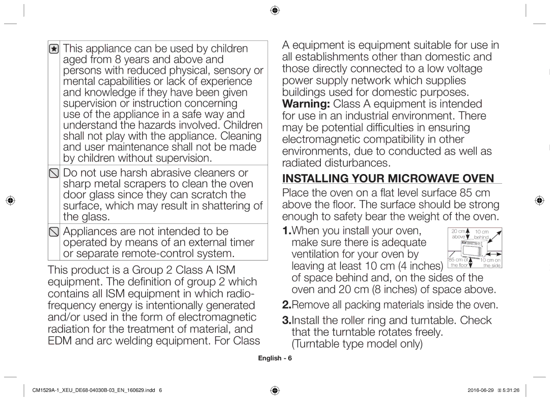 Samsung CM1529A-1/XEU, CM1329A/XEU, CM1929/XEF, CM1929A/XEU, CM1929/XET manual Installing your microwave oven 