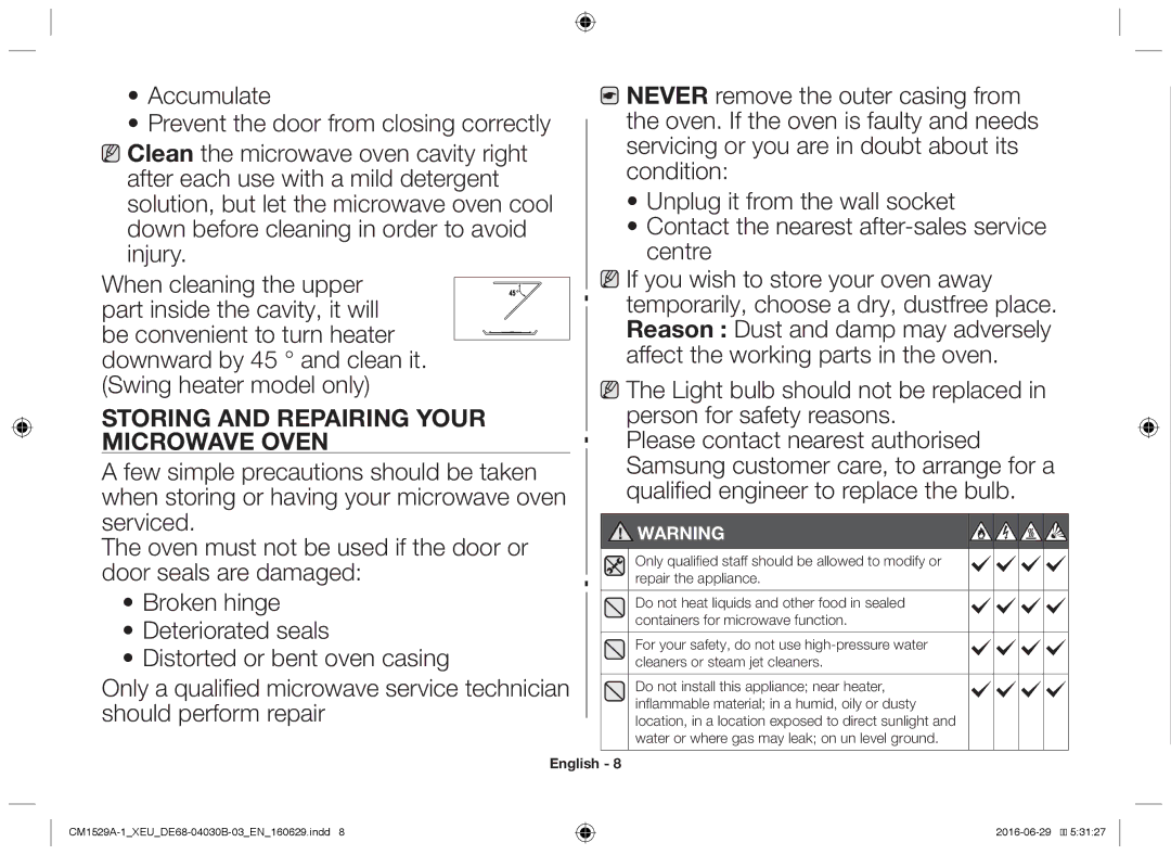 Samsung CM1929A/XEU, CM1329A/XEU, CM1529A-1/XEU, CM1929/XEF, CM1929/XET manual Storing and repairing your microwave oven 