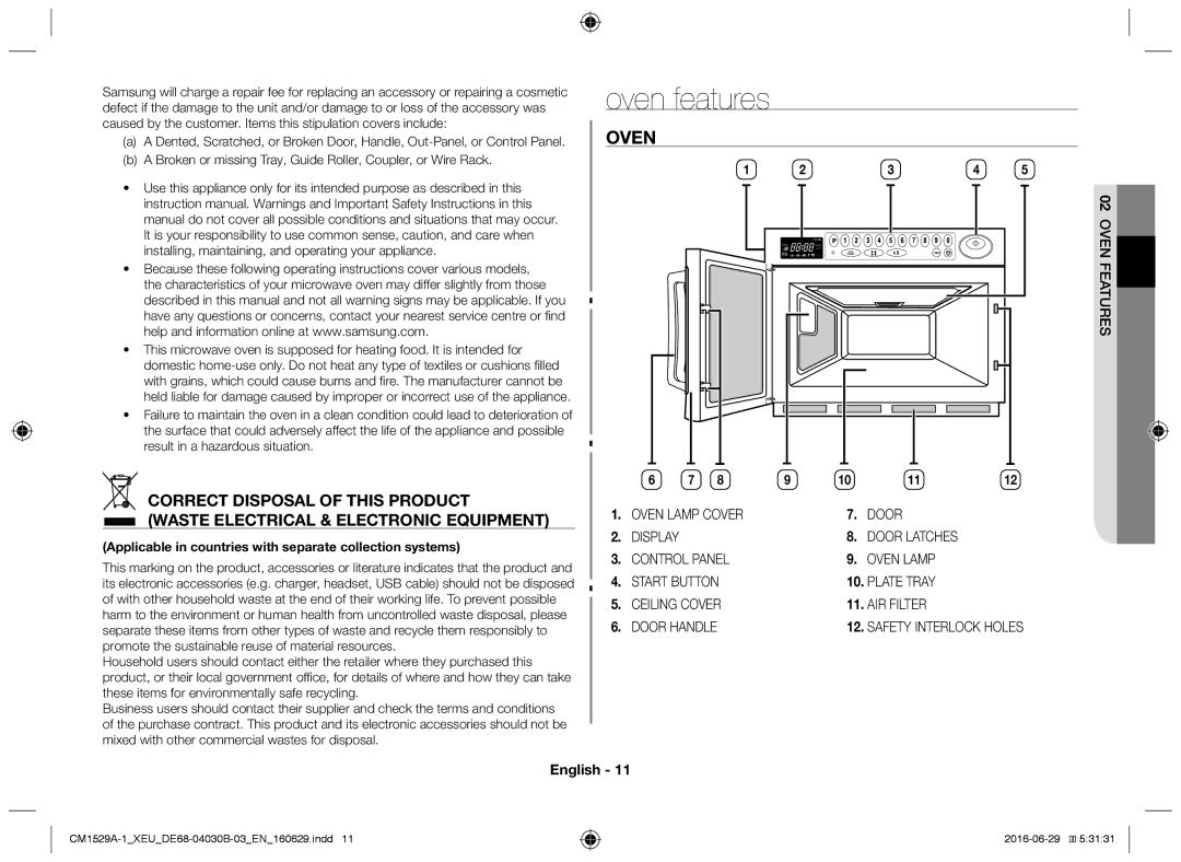 Samsung CM1529A-1/XEU, CM1329A/XEU Oven features, ES Featurne OV, Installing, maintaining, and operating your appliance 