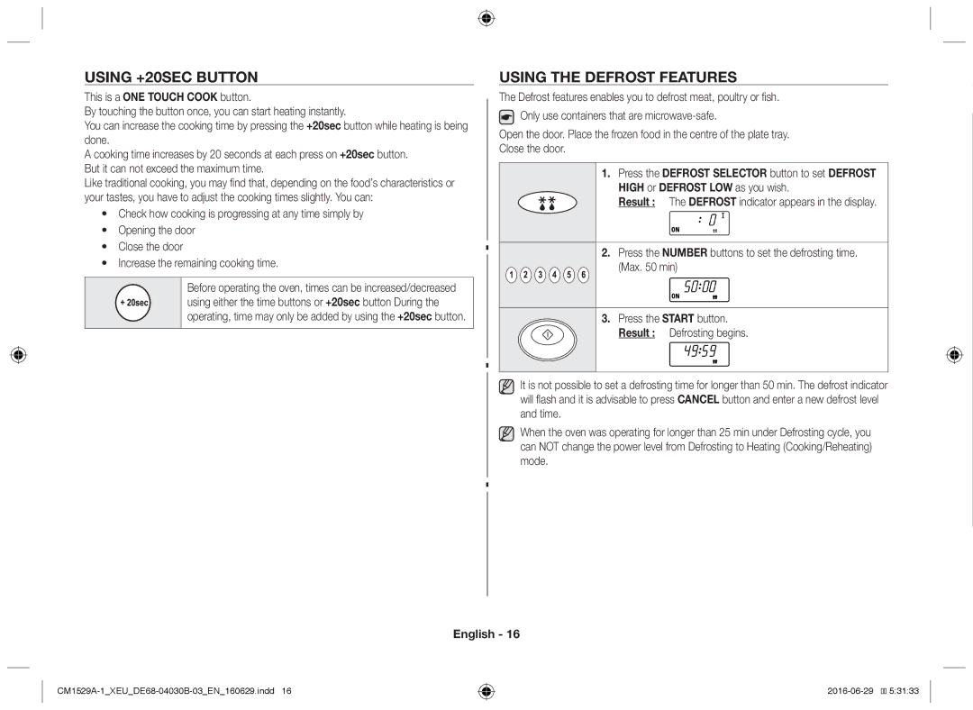 Samsung CM1529A-1/XEU, CM1329A/XEU, CM1929/XEF, CM1929A/XEU, CM1929/XET manual Using +20sec button, Using the defrost features 