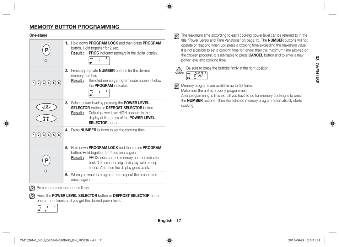 Samsung CM1929/XEF, CM1329A/XEU, CM1529A-1/XEU, CM1929A/XEU manual Memory button programming, One-stage, Program indicator 