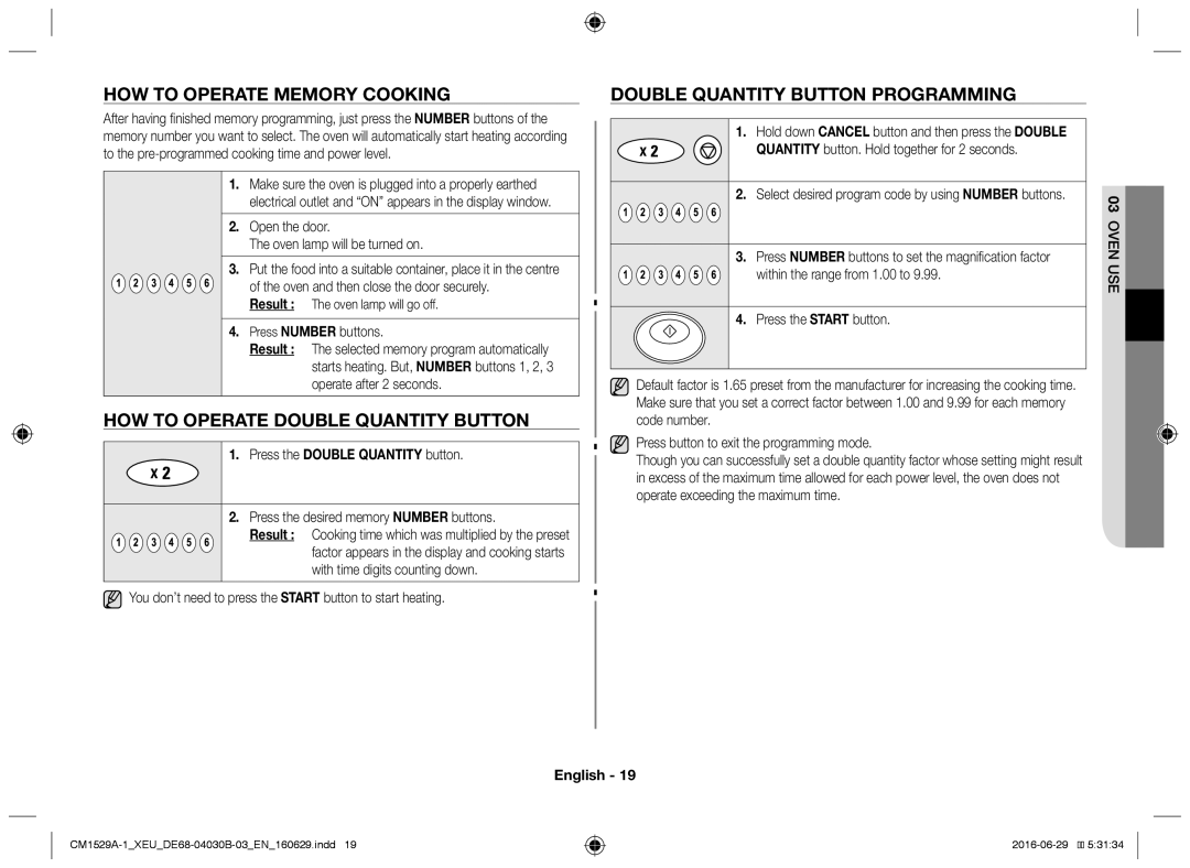 Samsung CM1929/XET, CM1329A/XEU, CM1529A-1/XEU manual How to operate memory cooking, How to operate double quantity button 