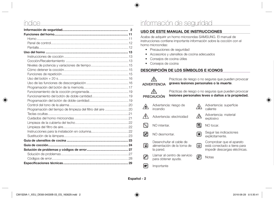 Samsung CM1929/XET, CM1329A/XEU, CM1529A-1/XEU Índice, Información de seguridad, Advertencia Precaución, Notas, Español 