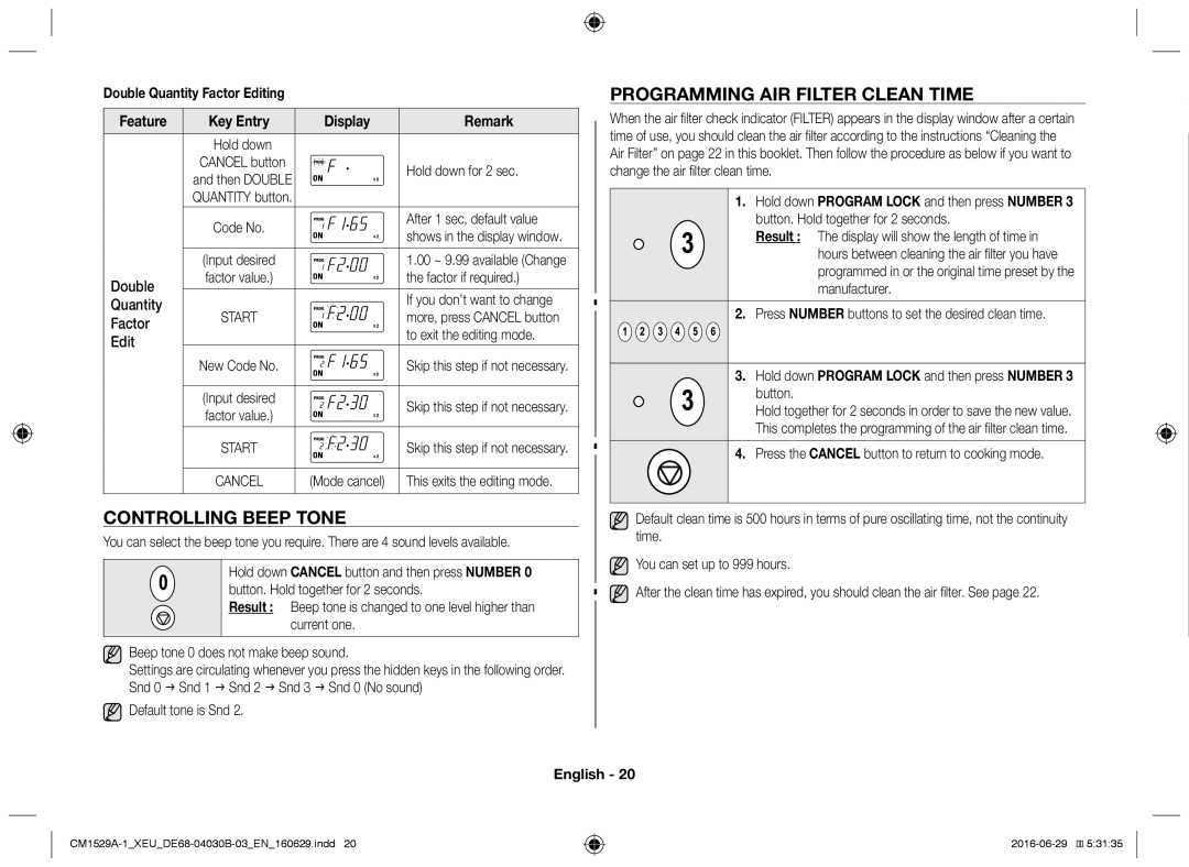 Samsung CM1329A/XEU manual Controlling beep tone, Programming air filter clean time, Double Quantity Factor Editing Feature 