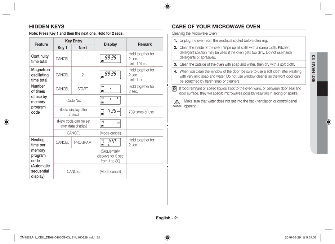 Samsung CM1529A-1/XEU, CM1329A/XEU, CM1929/XEF, CM1929A/XEU, CM1929/XET manual Hidden keys, Care of your microwave oven 