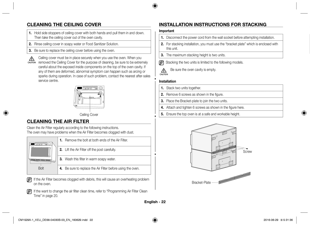 Samsung CM1929/XEF, CM1929/XET Cleaning the ceiling cover, Cleaning the air filter, Installation instructions for stacking 