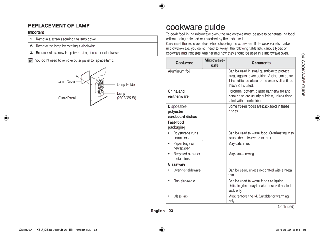 Samsung CM1929A/XEU, CM1329A/XEU, CM1529A-1/XEU, CM1929/XEF, CM1929/XET manual Cookware guide, Replacement of lamp, Comments 