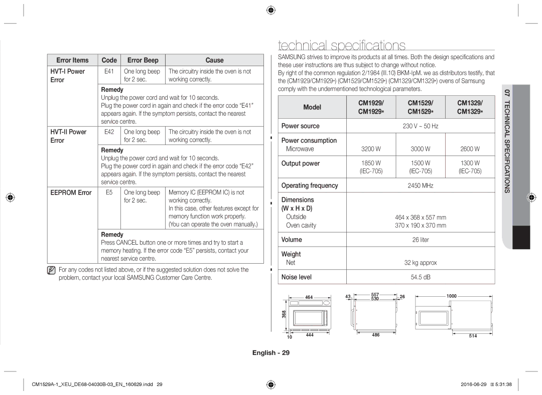 Samsung CM1929/XET, CM1329A/XEU, CM1529A-1/XEU, CM1929/XEF, CM1929A/XEU manual Technical specifications 