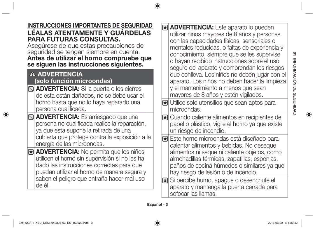 Samsung CM1329A/XEU, CM1529A-1/XEU manual Utilice solo utensilios que sean aptos para microondas, Ge suridadde mraciónfoin 