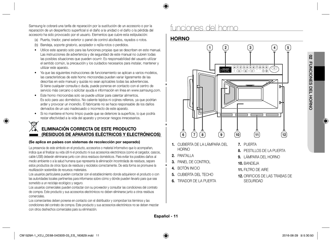 Samsung CM1929A/XEU, CM1329A/XEU, CM1529A-1/XEU, CM1929/XEF, CM1929/XET Funciones del horno, Horno, Rn l hodes neo funci02 