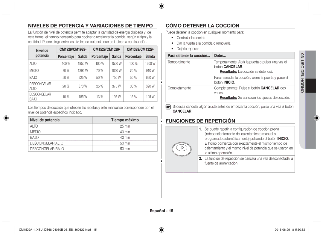 Samsung CM1929/XEF Niveles de potencia y variaciones de tiempo, Cómo detener la cocción, Funciones de repetición, Cancelar 