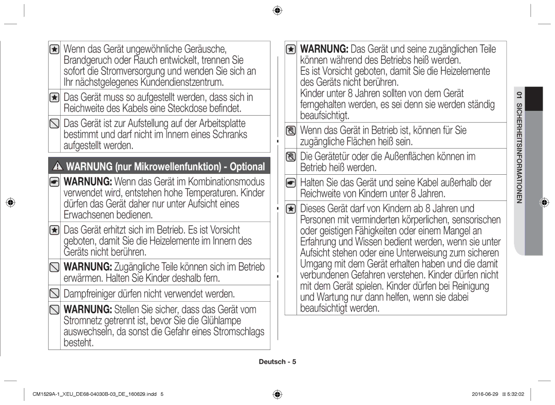 Samsung CM1329A/XEU, CM1529A-1/XEU, CM1929/XEF, CM1929A/XEU, CM1929/XET manual Warnung nur Mikrowellenfunktion Optional 