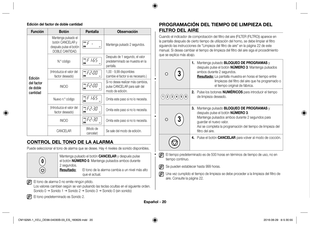 Samsung CM1929/XEF, CM1329A/XEU Programación del tiempo de limpieza del, Filtro del aire, Control del tono de la alarma 