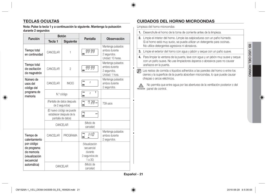 Samsung CM1929A/XEU, CM1329A/XEU, CM1529A-1/XEU, CM1929/XEF, CM1929/XET manual Teclas ocultas, Cuidados del horno microondas 