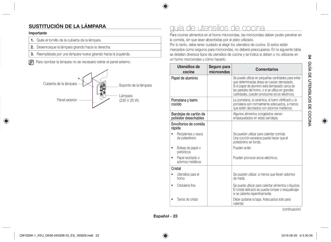 Samsung CM1329A/XEU manual Guía de utensilios de cocina, Sustitución de la lámpara, Utensilios de, Comentarios, Cocina 