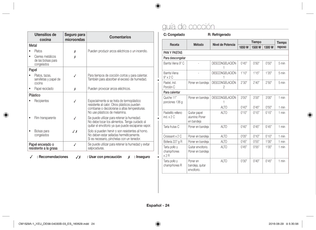 Samsung CM1529A-1/XEU, CM1329A/XEU, CM1929/XEF, CM1929A/XEU, CM1929/XET manual Guía de cocción, Refrigerado 