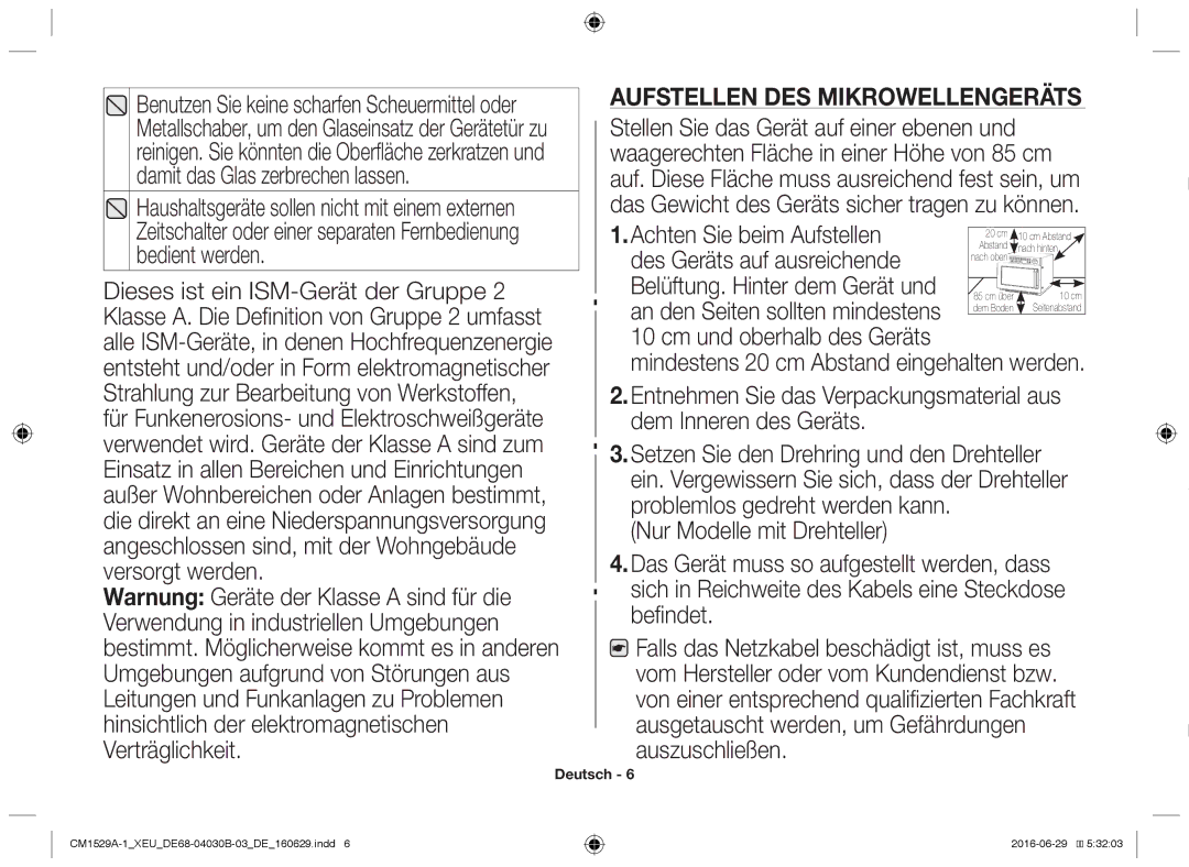 Samsung CM1529A-1/XEU, CM1329A/XEU manual Aufstellen des Mikrowellengeräts, Mindestens 20 cm Abstand eingehalten werden 