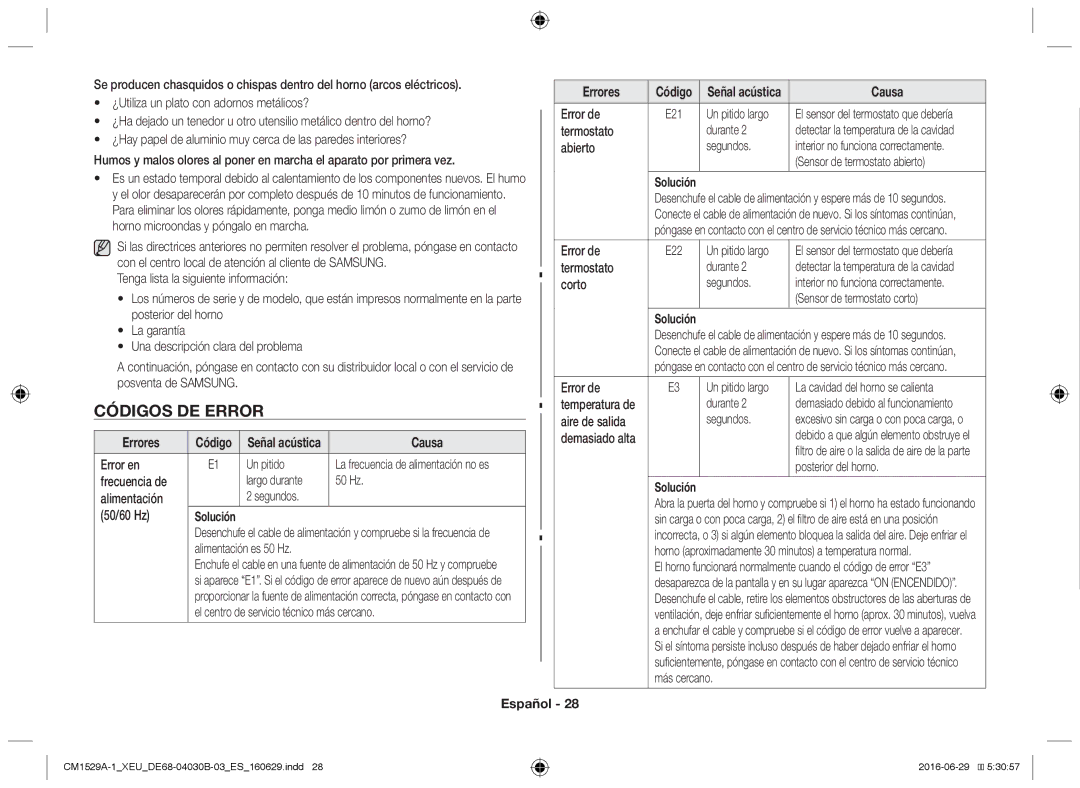 Samsung CM1329A/XEU, CM1529A-1/XEU, CM1929/XEF, CM1929A/XEU, CM1929/XET manual Códigos de error, Errores, Causa 