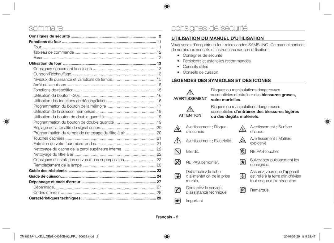 Samsung CM1529A-1/XEU, CM1329A/XEU, CM1929/XEF manual Sommaire, Consignes de sécurité, Avertissement, Remarque, Français 