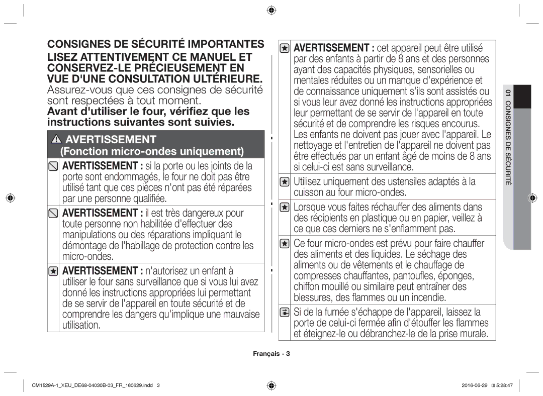 Samsung CM1929/XEF, CM1329A/XEU, CM1529A-1/XEU, CM1929A/XEU, CM1929/XET manual Avertissement, 01CONSIGNES DE Sécurité 