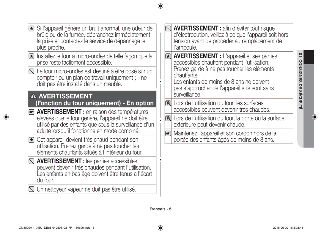 Samsung CM1929/XET, CM1329A/XEU manual Un nettoyeur vapeur ne doit pas être utilisé, Fonction du four uniquement En option 