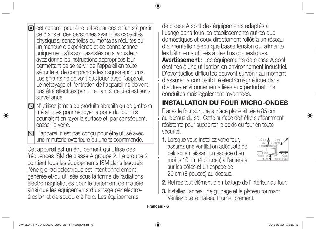 Samsung CM1329A/XEU, CM1529A-1/XEU, CM1929/XEF, CM1929A/XEU manual Installation du four micro-ondes, 20 cm 8 pouces au-dessus 