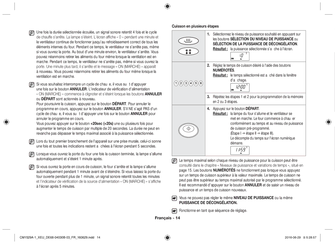 Samsung CM1929A/XEU, CM1329A/XEU, CM1529A-1/XEU Cuisson en plusieurs étapes, Sélection DE LA Puissance DE Décongélation 