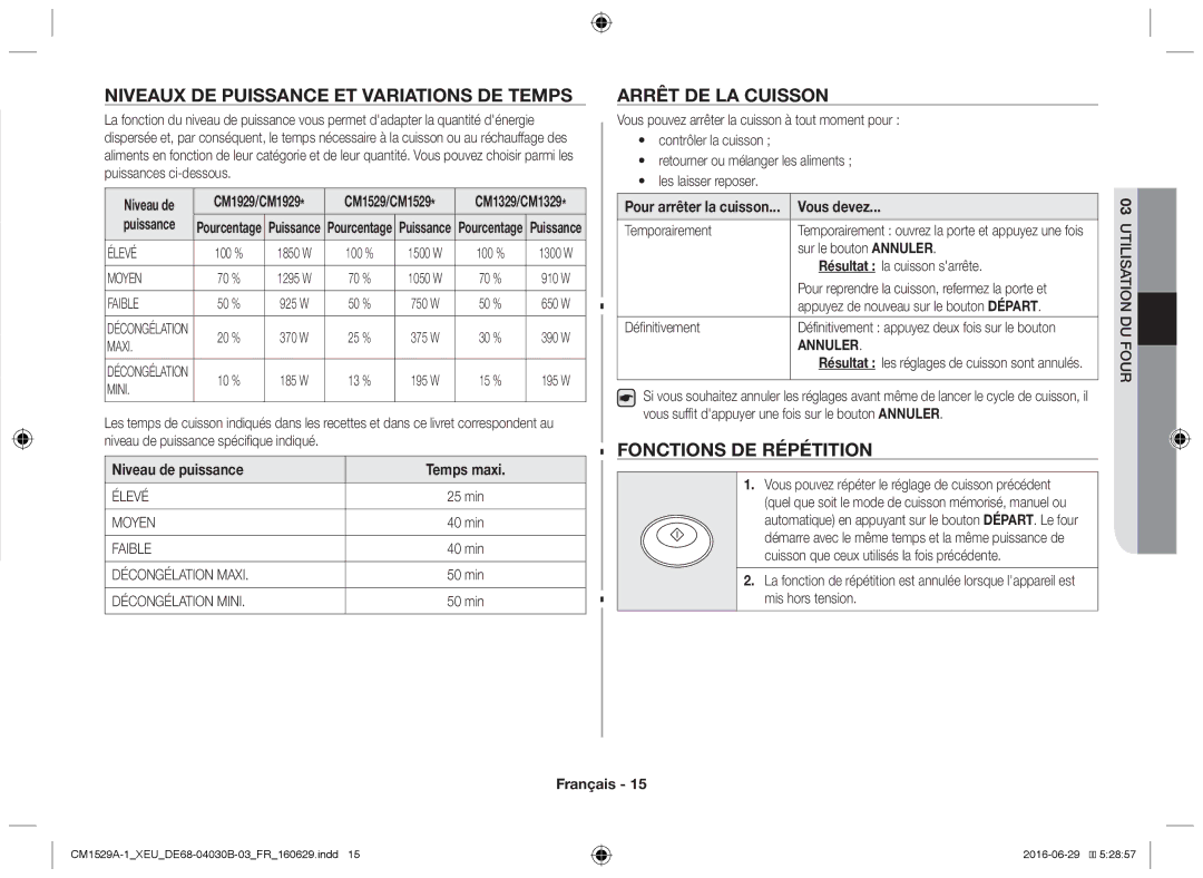 Samsung CM1929/XET Niveaux de puissance et variations de temps, Arrêt de la cuisson, Fonctions de répétition, Annuler 