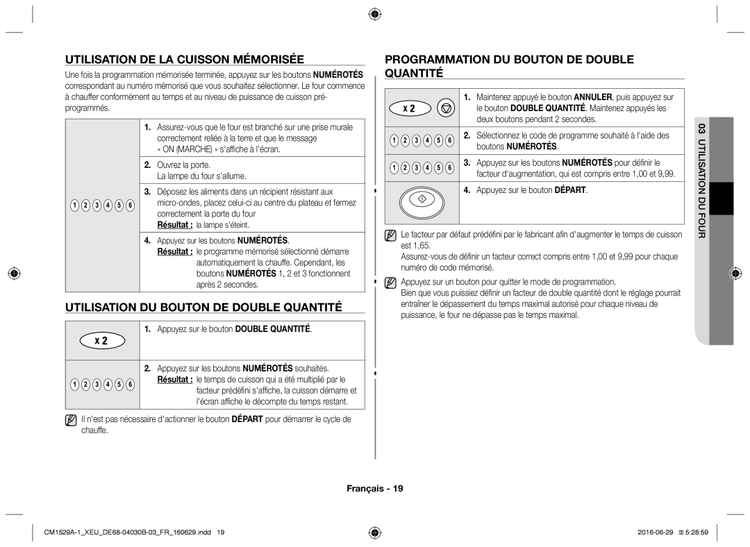 Samsung CM1929A/XEU, CM1329A/XEU, CM1929/XEF Utilisation de la cuisson mémorisée, Utilisation du bouton de double quantité 