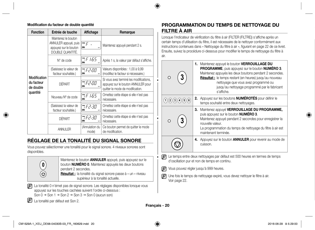 Samsung CM1929/XET Programmation du temps de nettoyage du, Filtre à air, Réglage de la tonalité du signal sonore, Remarque 