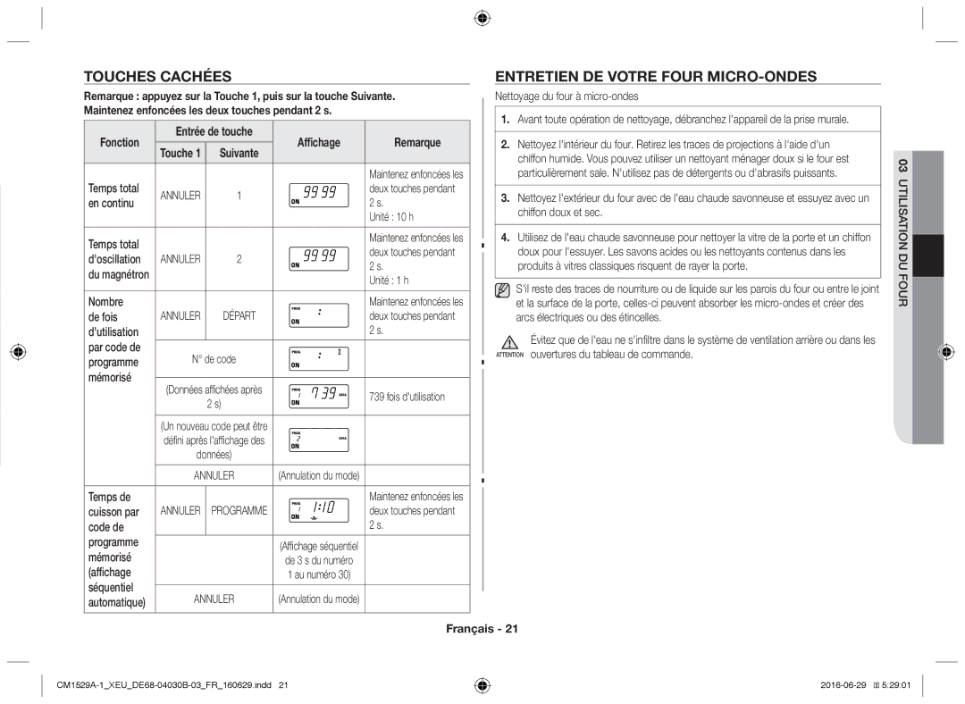 Samsung CM1329A/XEU, CM1529A-1/XEU, CM1929/XEF, CM1929A/XEU Touches cachées, Entretien de votre four micro-ondes, Fonction 