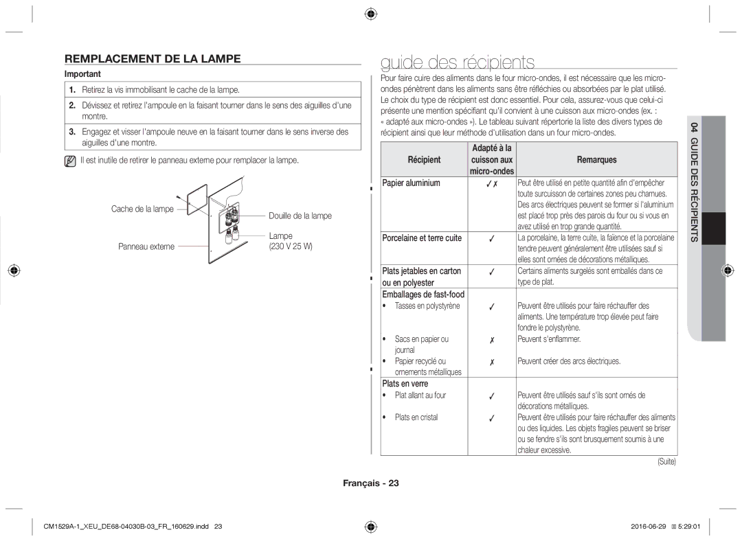 Samsung CM1929/XEF, CM1329A/XEU manual Guide des récipients, Remplacement de la lampe, Remarques, 04GUIDE DES Récipients 