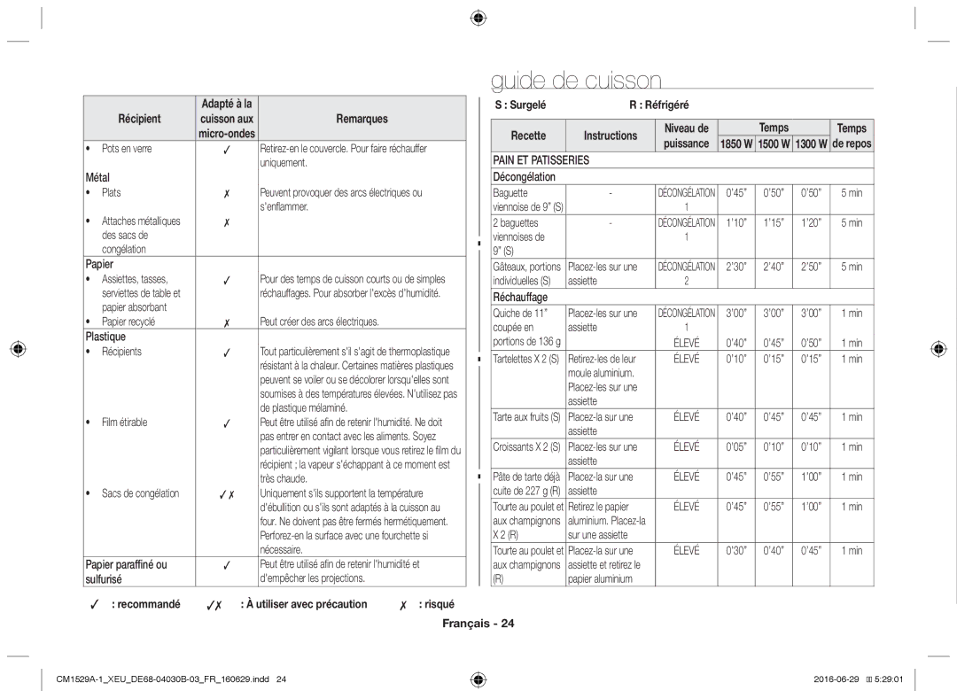 Samsung CM1929A/XEU, CM1329A/XEU, CM1529A-1/XEU Guide de cuisson, Surgelé Réfrigéré Récipient, Recette, Pain ET Patisseries 