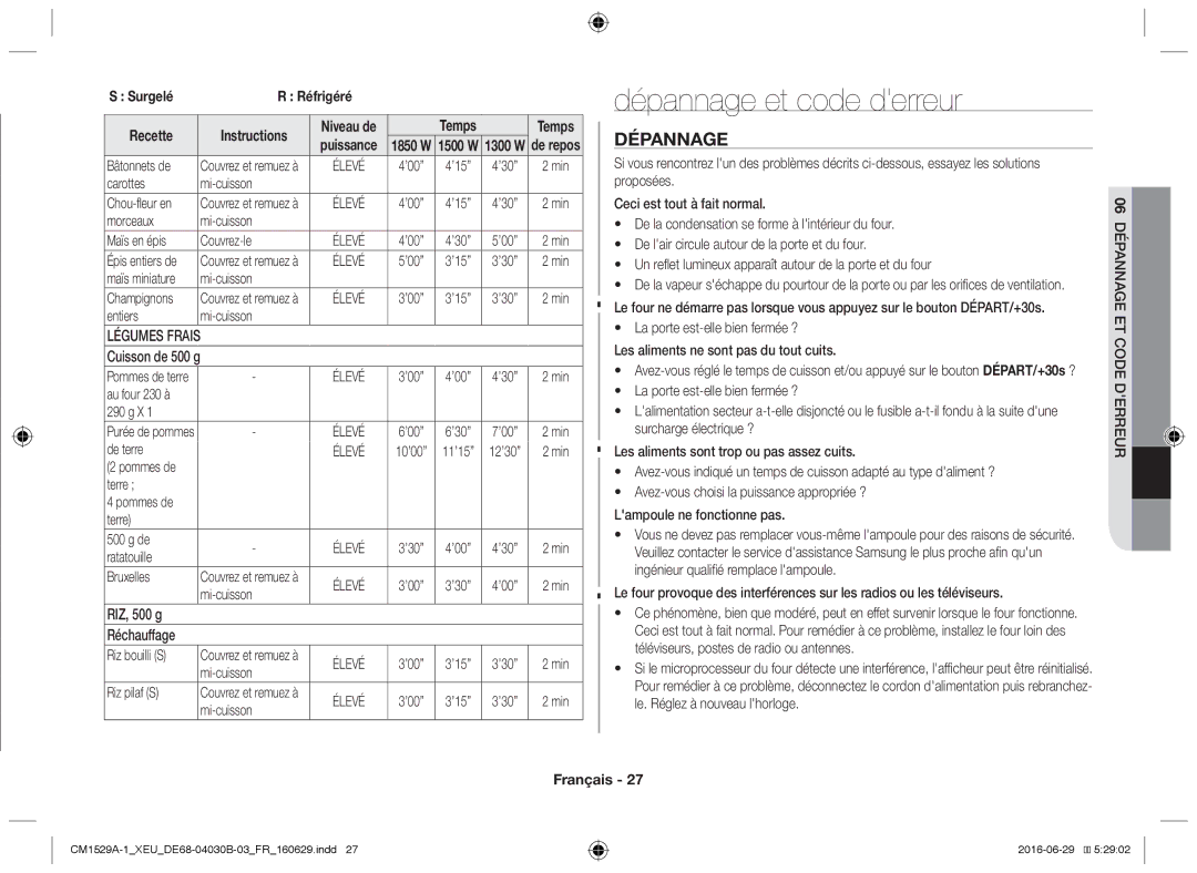 Samsung CM1529A-1/XEU, CM1329A/XEU, CM1929/XEF, CM1929A/XEU, CM1929/XET manual Dépannage et code derreur, Réfrigéré Recette 