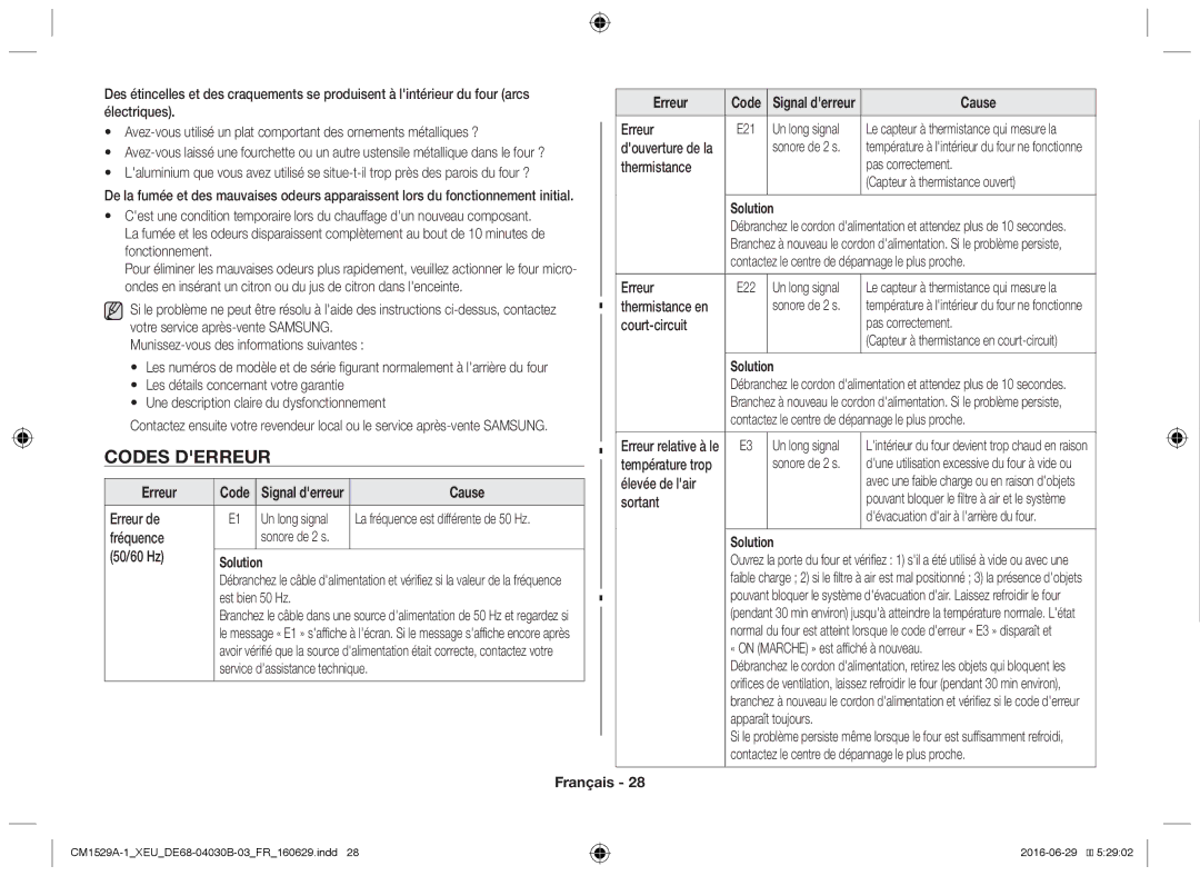 Samsung CM1929/XEF, CM1329A/XEU, CM1529A-1/XEU, CM1929A/XEU, CM1929/XET manual Codes derreur, Erreur, Cause, Solution 