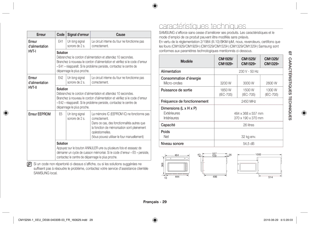 Samsung CM1929A/XEU, CM1329A/XEU, CM1529A-1/XEU, CM1929/XEF, CM1929/XET Caractéristiques techniques, Modèle, CM1529 CM1329 