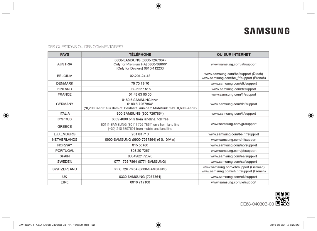 Samsung CM1529A-1/XEU, CM1329A/XEU, CM1929/XEF manual DES Questions OU DES COMMENTAIRES?, Pays Téléphone OU SUR Internet 