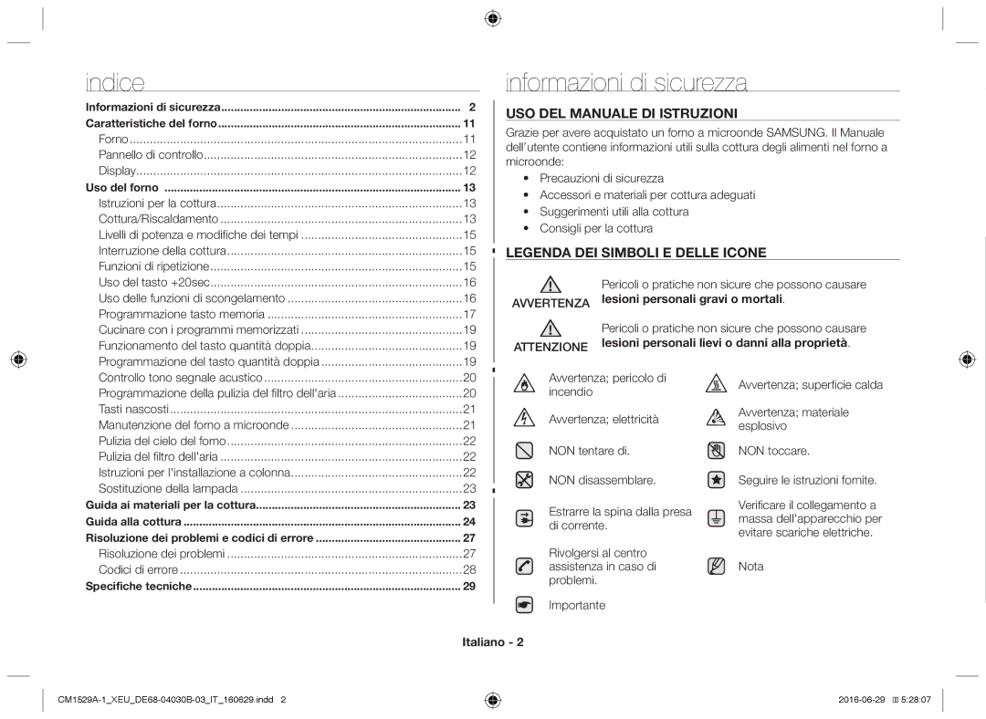 Samsung CM1929A/XEU, CM1329A/XEU Indice, Informazioni di sicurezza, Avvertenza Attenzione, Italiano, Uso del tasto +20sec 